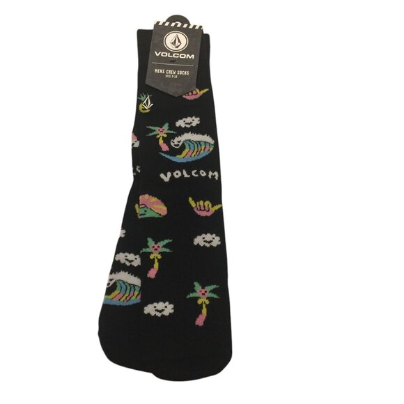 Volcom Men's Crew Socks Size 9-12 Black Palm Trees Clouds - Picture 1 of 5